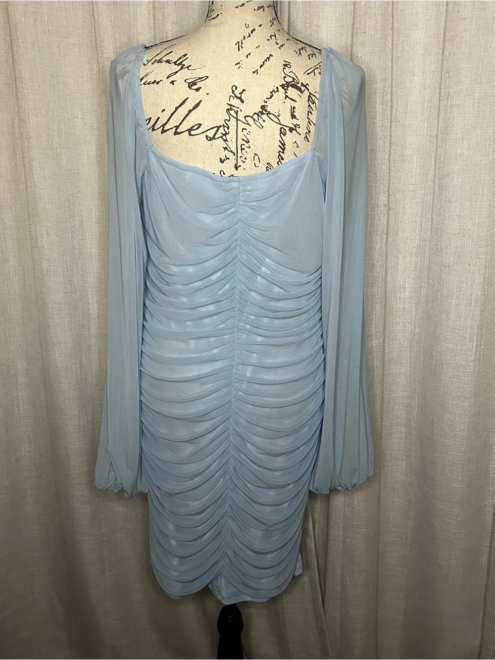 Womens Light Blue XL Square Neck Mesh Long Sleeve Bodycon Mini Dress